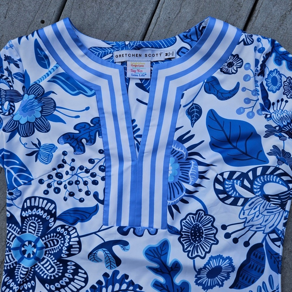Gretchen Scott Womens Blue White Floral Split Neck 3/4 Sleeve Shift Dress Size M - Picture 10 of 10
